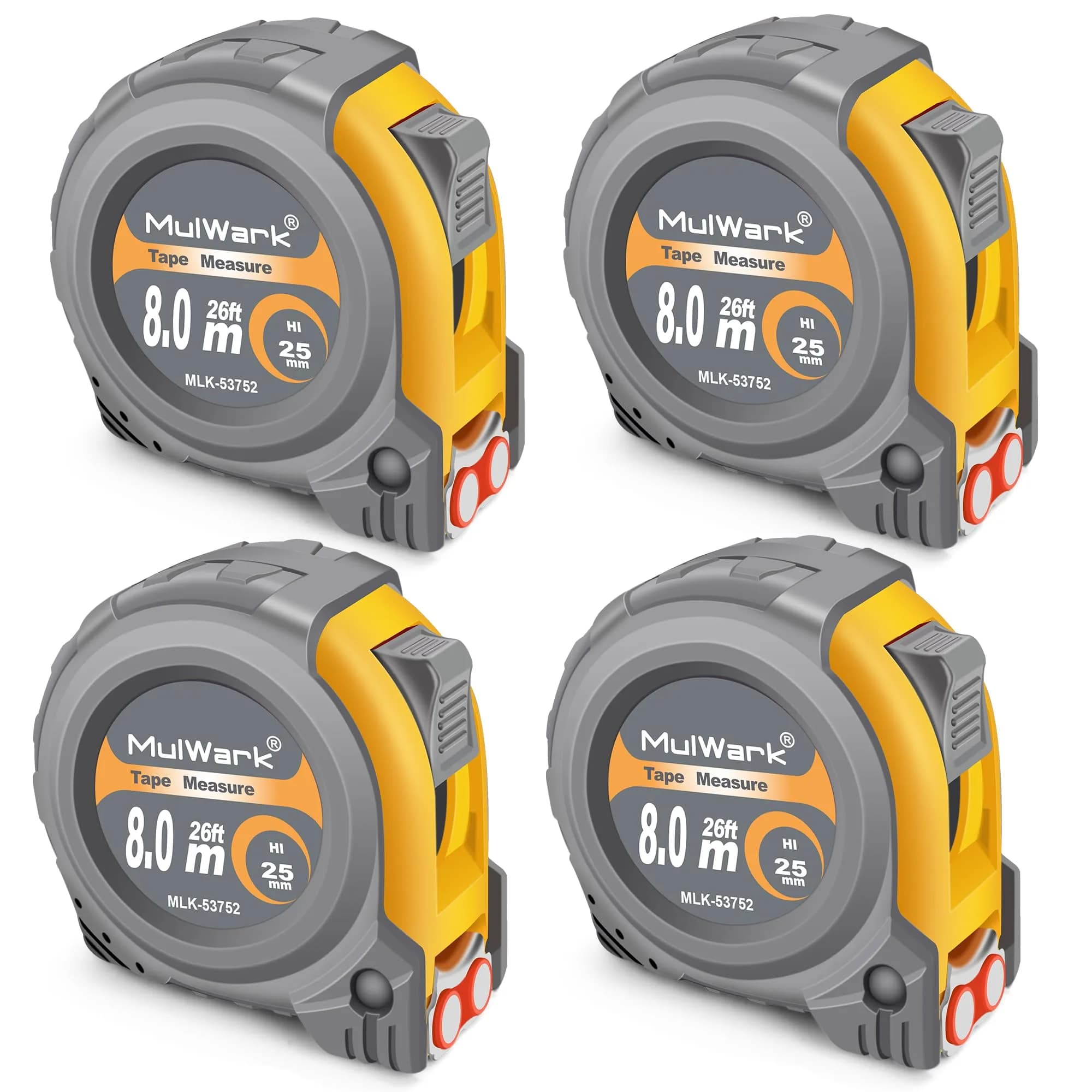 MulWark 4 Pack Retractable Tape Measure 8m (26ft) | Professional Steel Blade with Magnetic Hook & Shockproof Case
