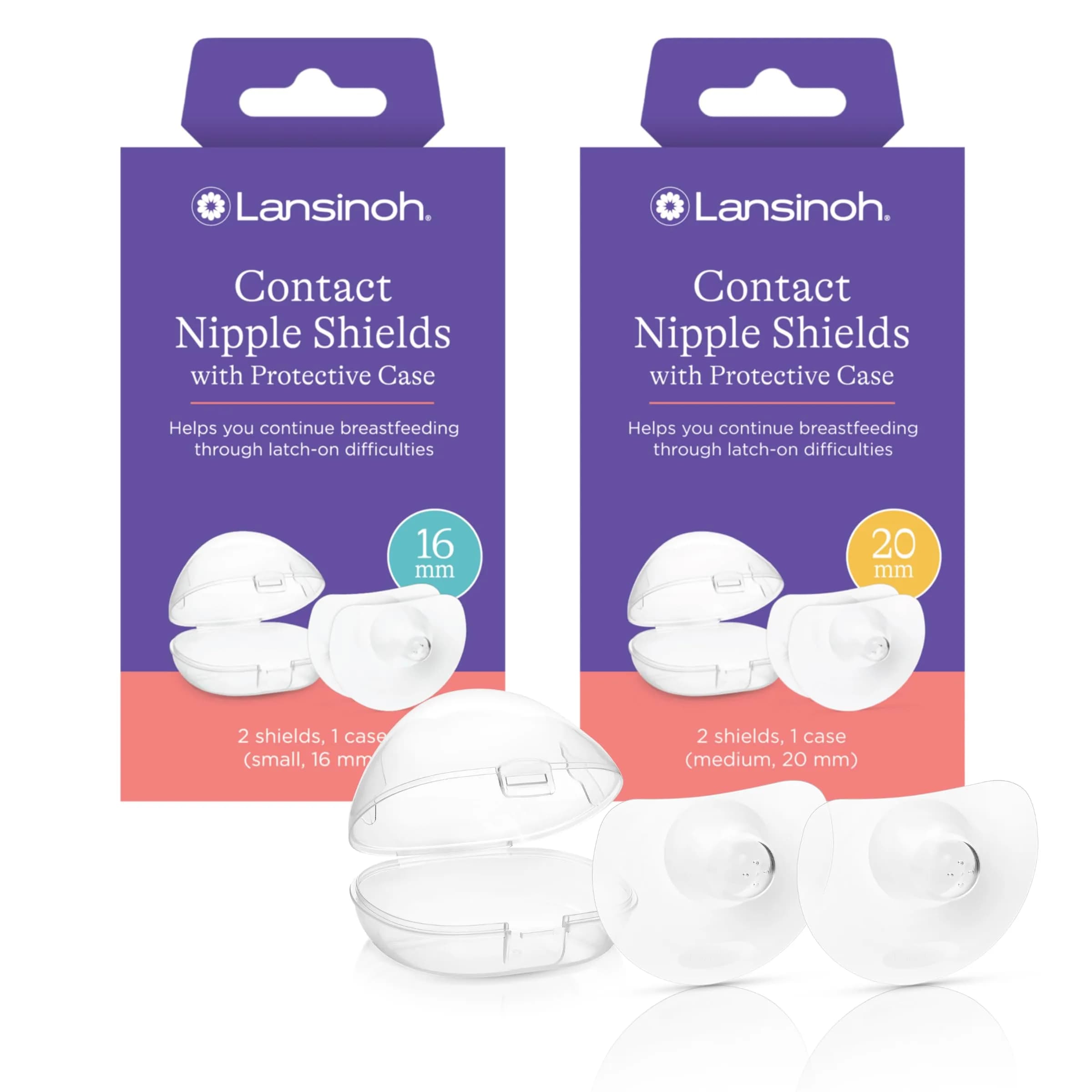 Lansinoh Contact Nipple Shields for Nursing Mothers, 16mm & 20mm, 4 Count | Medical-Grade Silicone for Latch-On Support — 16mm + 20mm
