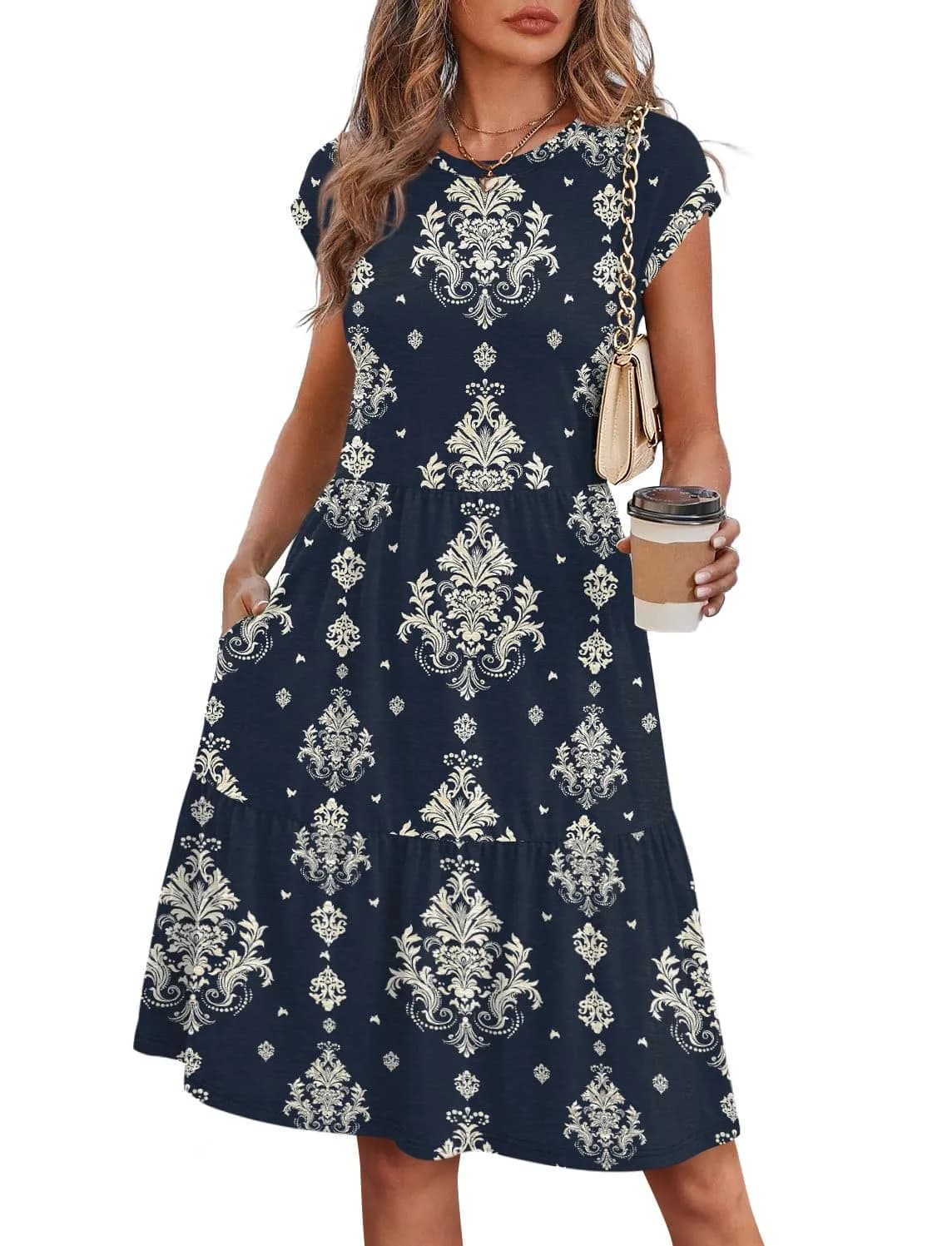 WIHOLL Casual Dresses for Women Beach Vacation Clothes Cap Sleeve Black Dress | Flattering Knee-Length Summer Dress