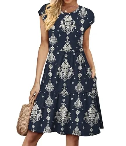 WIHOLL Casual Dresses for Women Beach Vacation Clothes Cap Sleeve Black Dress | Flattering Knee-Length Summer Dress thumbnail 2