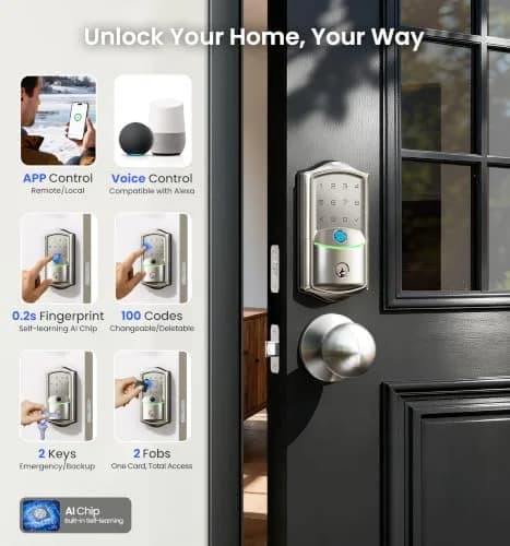 Veise VE027-K WiFi Smart Deadbolt Lock Set with 2 Knobs, Satin Nickel | Remote Access & Fingerprint Entry thumbnail 2