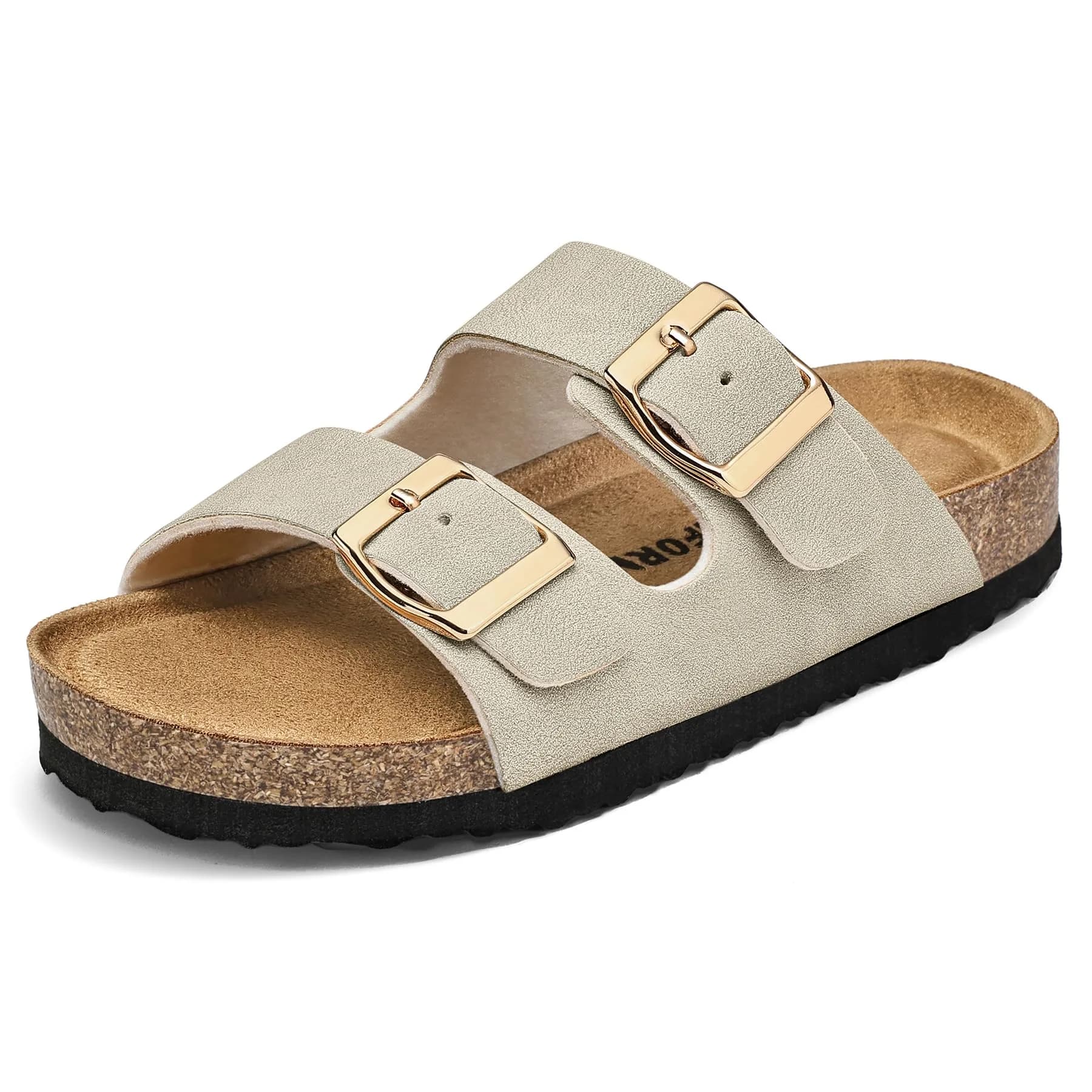 K KomForme Kids Slide Sandals Brown Size 2 Big Kid | Adjustable Buckles, Cork Footbed, Arch Support — Stone