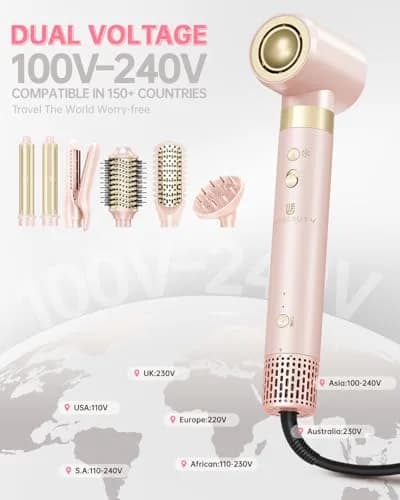 webeauty Hair Dryer Brush 8-in-1 Dual Voltage Hot Air Styler | Fast-Drying Ionic Blow Dryer with Attachments, Frizz-Free, Pink thumbnail 3