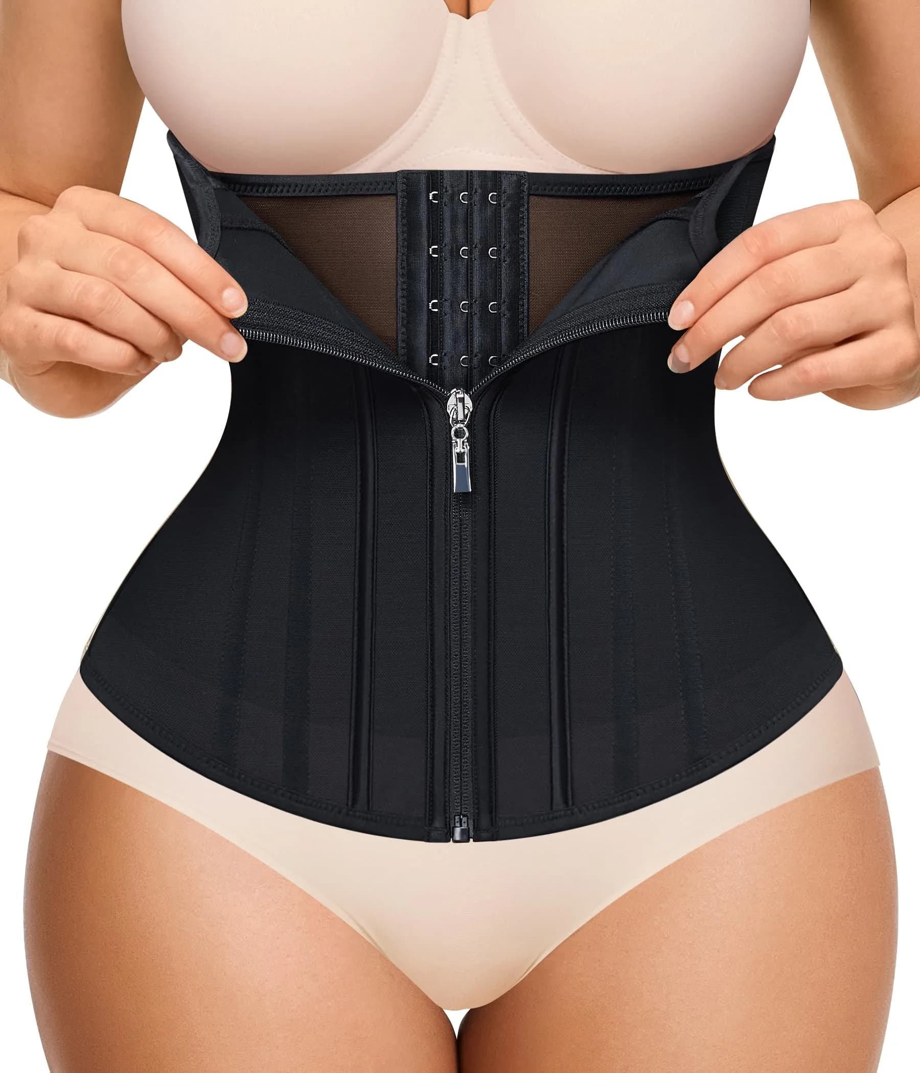 Nebility Women's Waist Trainer Zipper Corset Shapewear with 11 Steel Bones | Black, Large (US Size) - main product image