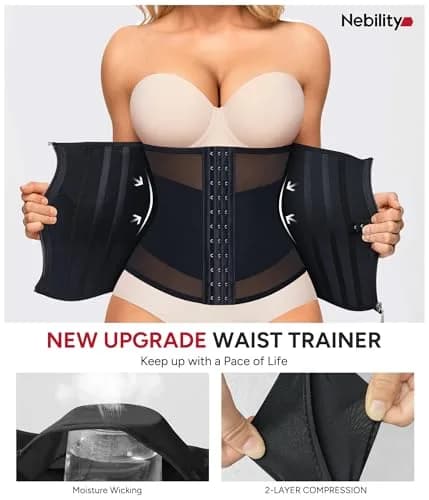 Nebility Women's Waist Trainer Zipper Corset Shapewear with 11 Steel Bones | Black, Large (US Size) thumbnail 2