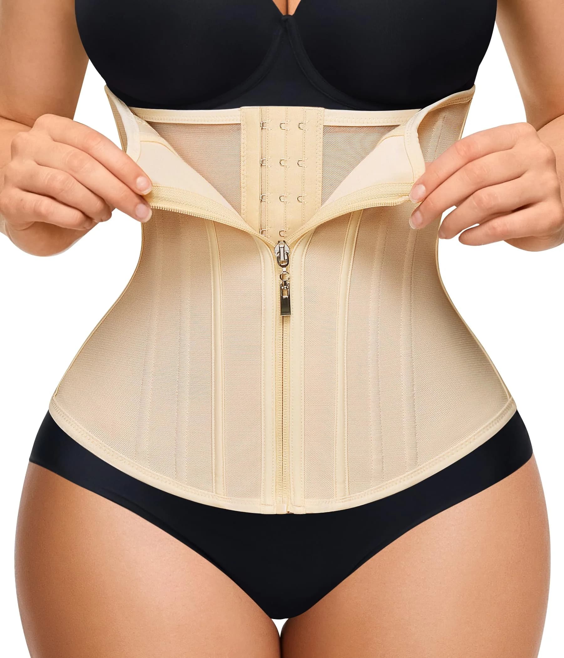 Nebility Waist Trainer for Women Zipper Corset Shapewear Faja Body Shaper Small | Tummy Control with 11 Steel Bones for Back Support — Beige / X-Large
