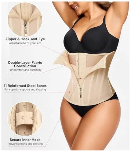 Nebility Zipper Corset Waist Trainer for Women with 11 Steel Bones, Medium Beige | Tummy Control Body Shaper for Hourglass Figure thumbnail 3