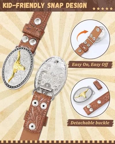 AWAYTR Kids Western Belt for Boy - Adjustable PU Leather Cowboy Belt for Boys & Girls thumbnail 3