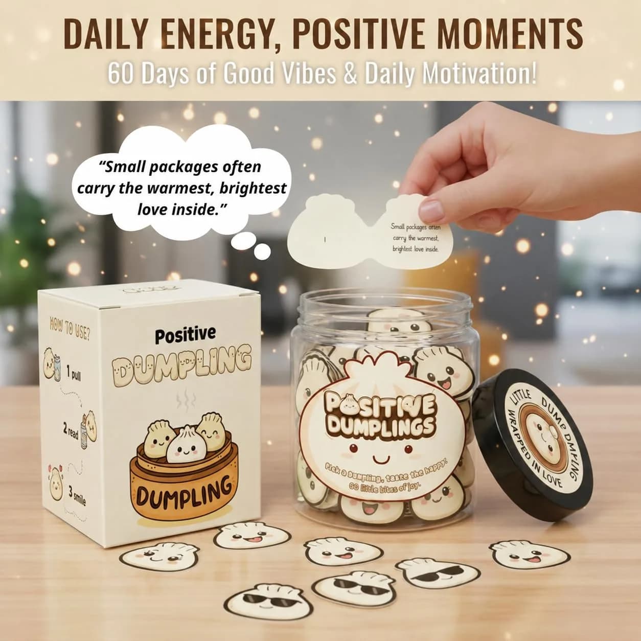 DEARMINE Positive Dumpling Jar with 60 Daily Affirmation Cards | Cute Motivation Jar for Teens