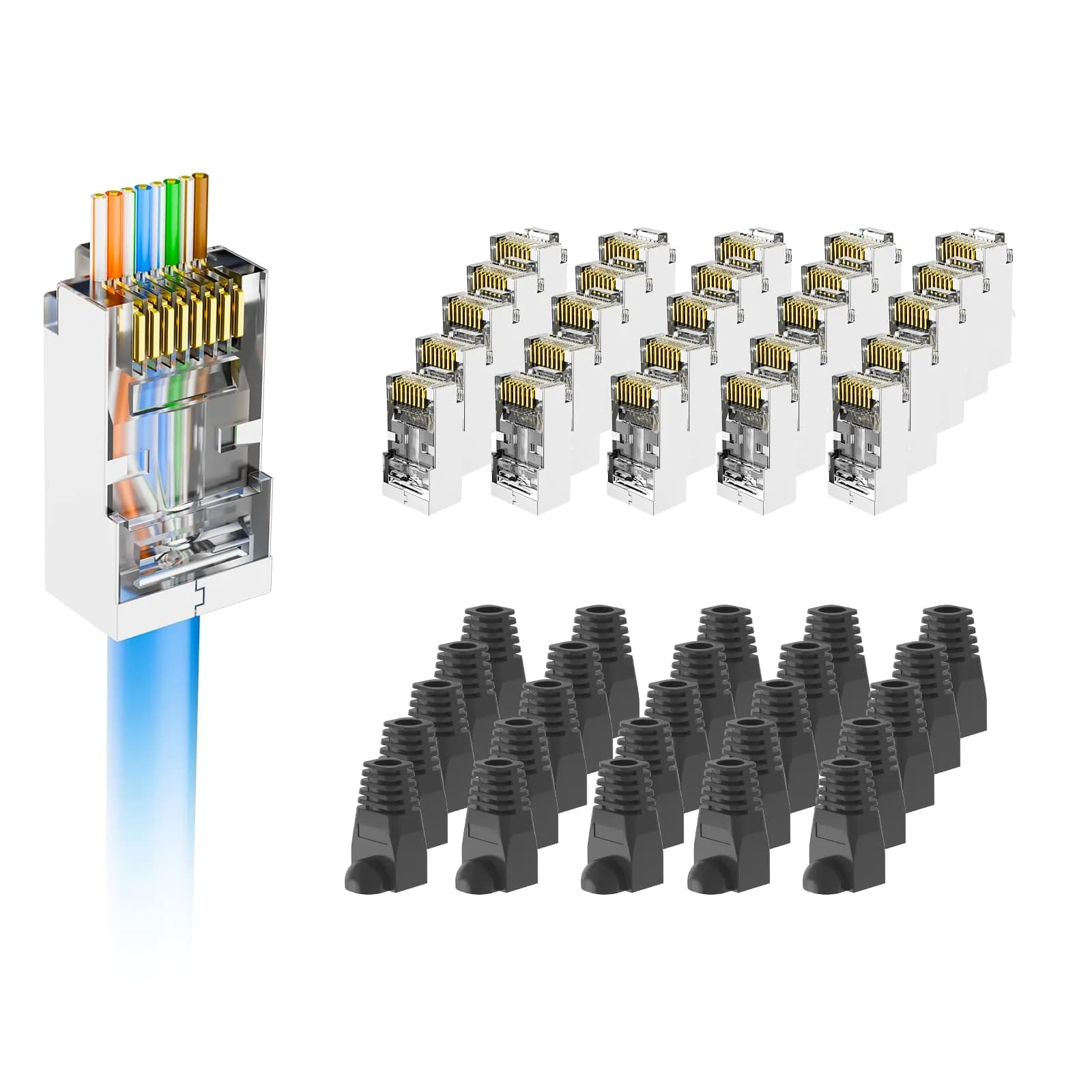 VCE Cat6 RJ45 Pass Through Connectors Gold Plated 8P8C 10 Gbps 50-Pack | UL Listed 250V AC Max — Silver