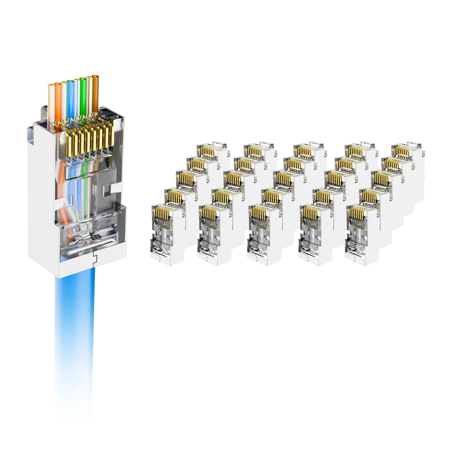 VCE Cat6 RJ45 Pass Through Connectors Gold Plated 8P8C 10 Gbps 50-Pack | UL Listed 250V AC Max — Silver / Only Connectors