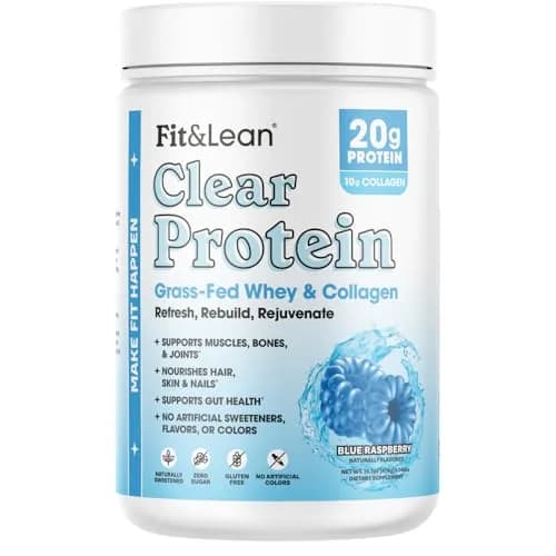 Fit & Lean Clear Protein Powder with Whey Isolate & Collagen, Grass Fed, 0g Sugar, Blue Raspberry, 20 Servings thumbnail 1
