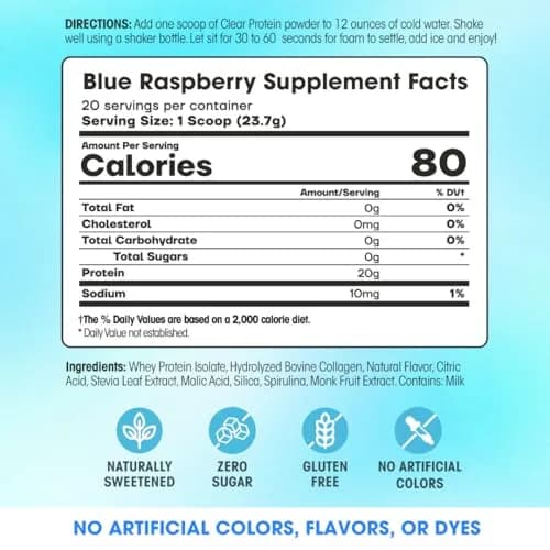 Fit & Lean Clear Protein Powder with Whey Isolate & Collagen, Grass Fed, 0g Sugar, Blue Raspberry, 20 Servings thumbnail 2