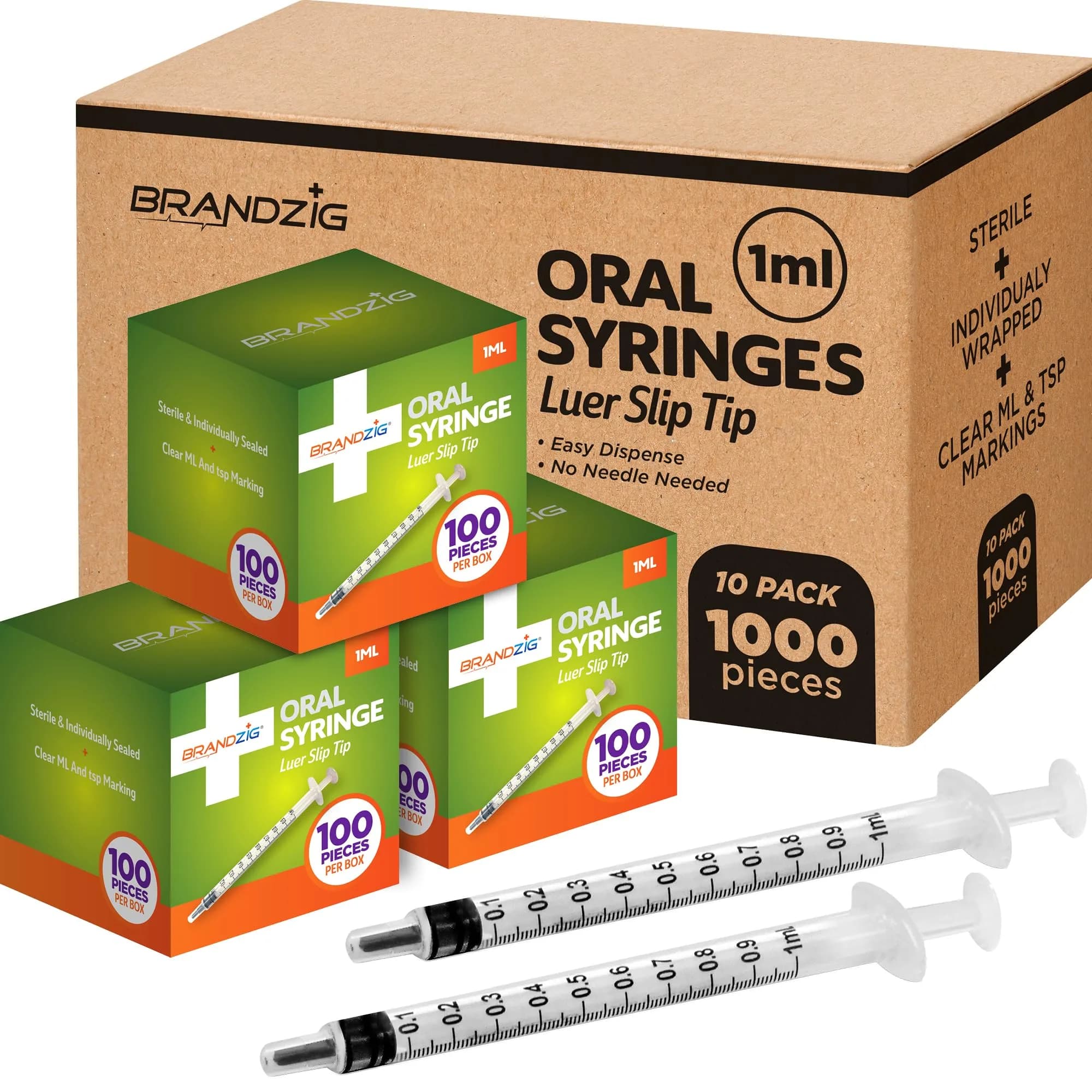 BRANDZIG 1ml Oral Syringe 100 Count | Sterile Luer Slip Tip for Infants, Toddlers, Pets — 1 milliliters