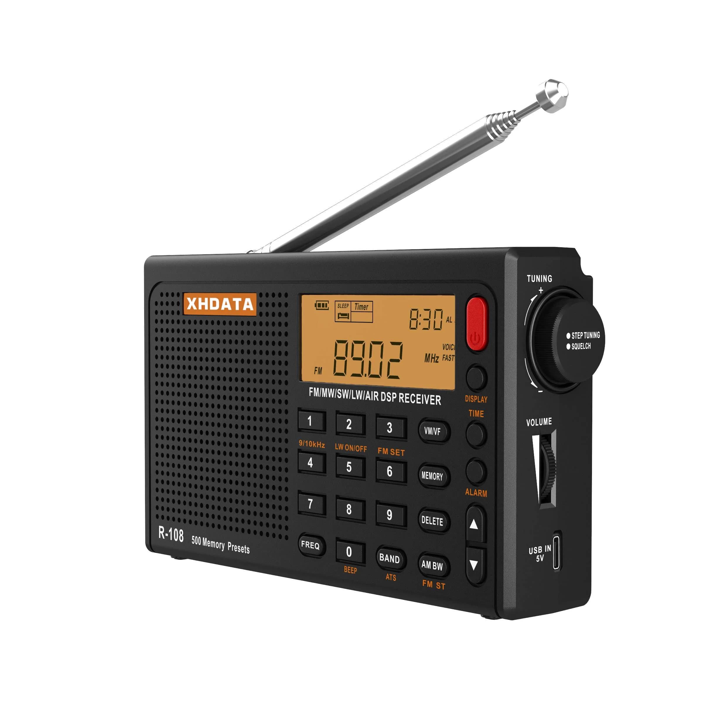 XHDATA R108 Portable Radio AM/FM/SW/LW/Airband Receiver | DSP Chip, 500 Memories, Type-C USB
