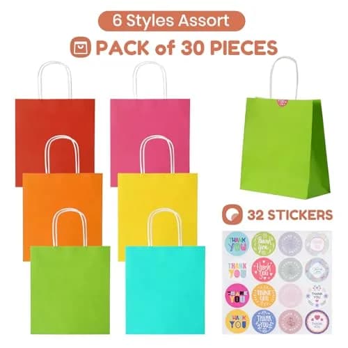 Parmedu Small Paper Gift Bags with Handles, 6 Colors, 30 Pack | Eco-Friendly, Durable & Vibrant Gift Bags for All Occasions thumbnail 3