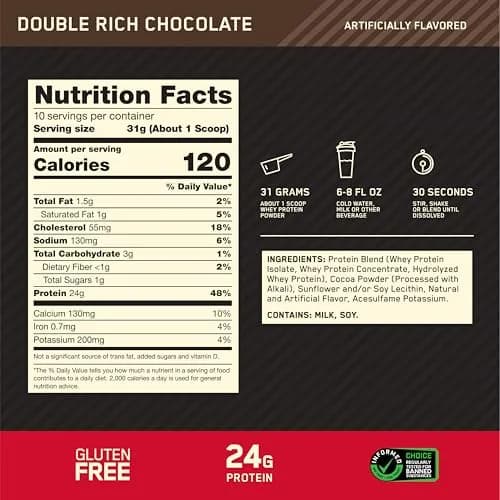 Optimum Nutrition Gold Standard 100% Whey Protein Powder Double Rich Chocolate 204g (0.68lb) | Banned Substance Tested thumbnail 3