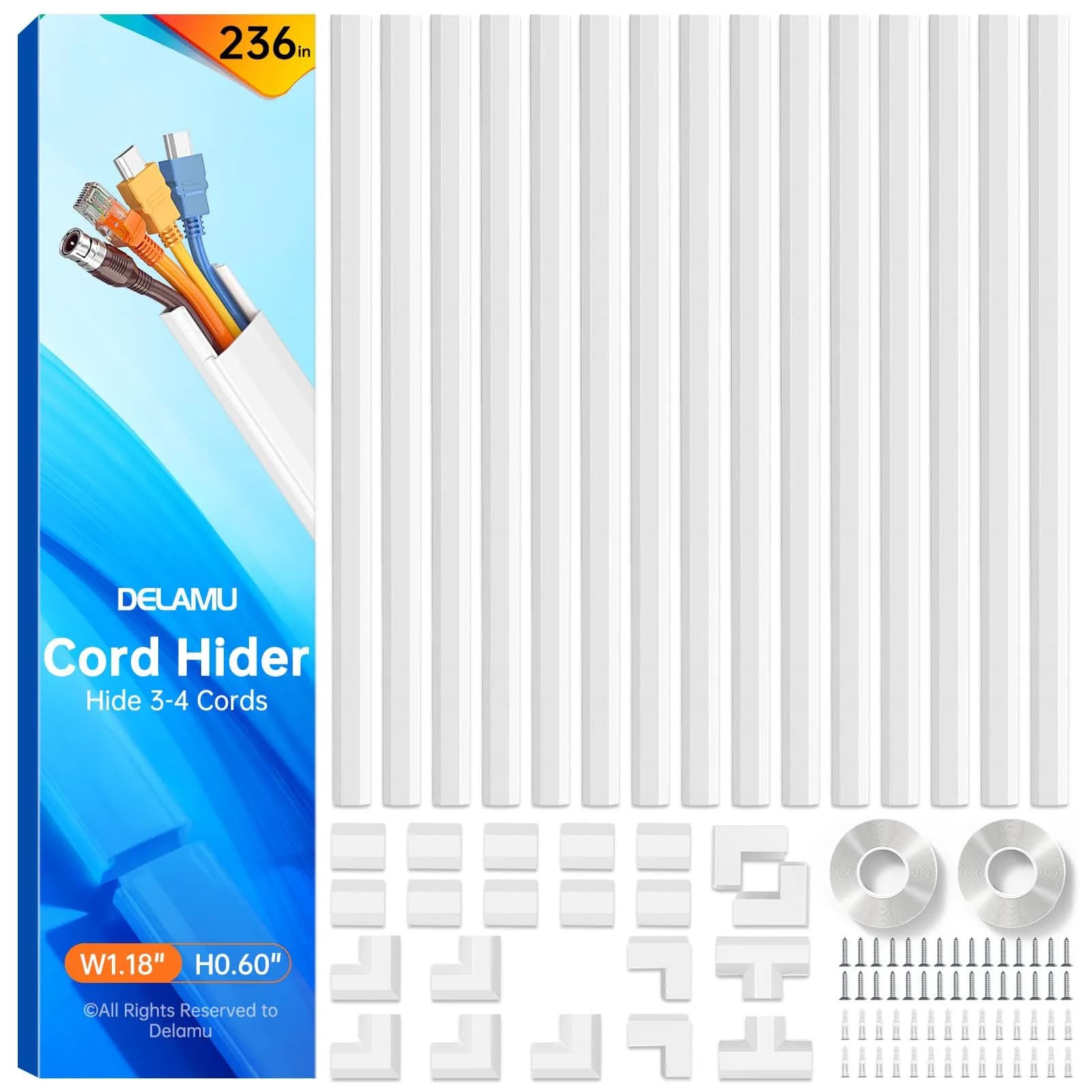 Delamu Large Cable Hider Raceway Kit 2.9cm W x 1.7cm H x 216cm L | Conceals 3-4 Wires on Wall — White