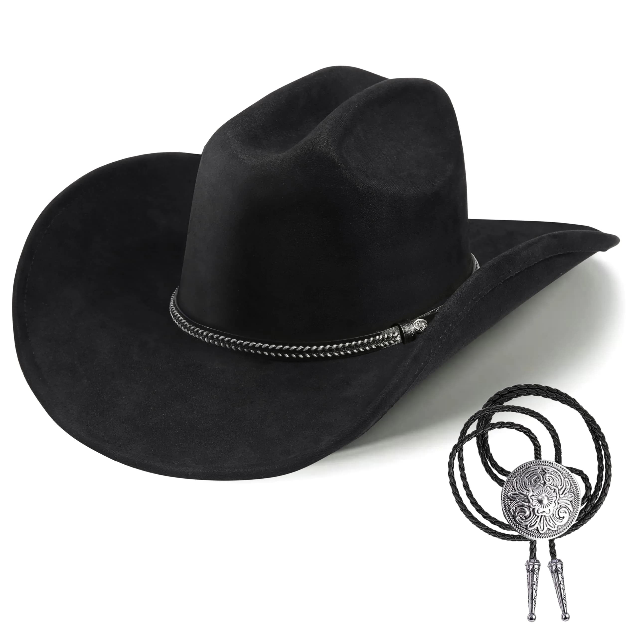 Foeran Classic Western Suede Cowboy Hat for Men & Women | Wide Brim Felt Fedora Cowgirl Hat (US, Alpha, Medium, Large, Black-B) - main product image