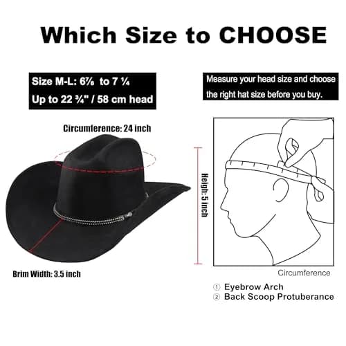Foeran Classic Western Suede Cowboy Hat for Men & Women | Wide Brim Felt Fedora Cowgirl Hat (US, Alpha, Medium, Large, Black-B) thumbnail 4