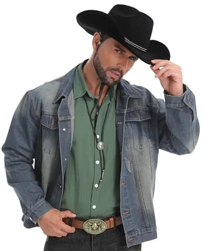 Foeran Classic Western Suede Cowboy Hat for Men & Women | Wide Brim Felt Fedora Cowgirl Hat (US, Alpha, Medium, Large, Black-B) thumbnail 6