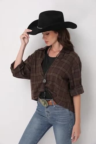 Foeran Classic Western Suede Cowboy Hat for Men & Women | Wide Brim Felt Fedora Cowgirl Hat (US, Alpha, Medium, Large, Black-B) thumbnail 7