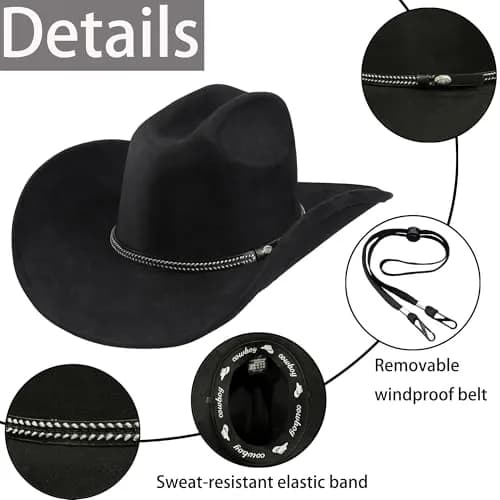 Foeran Classic Western Suede Cowboy Hat for Men & Women | Wide Brim Felt Fedora Cowgirl Hat (US, Alpha, Medium, Large, Black-B) thumbnail 2