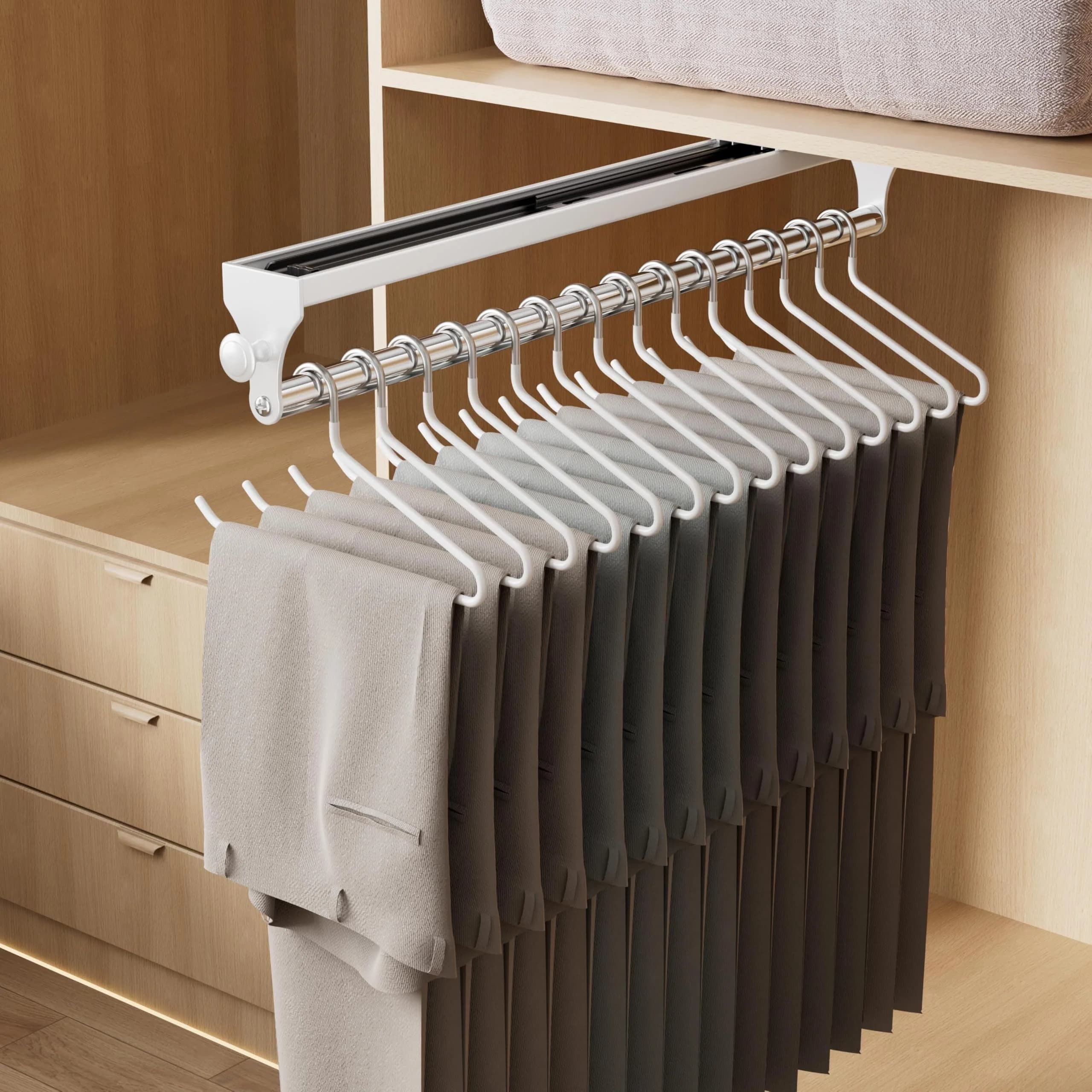 CICUFY Pull Out Closet Rod 40cm (15.7 inch) | Heavy Duty Pants Rack with Smooth Operation — White / 400mm/15.7inch