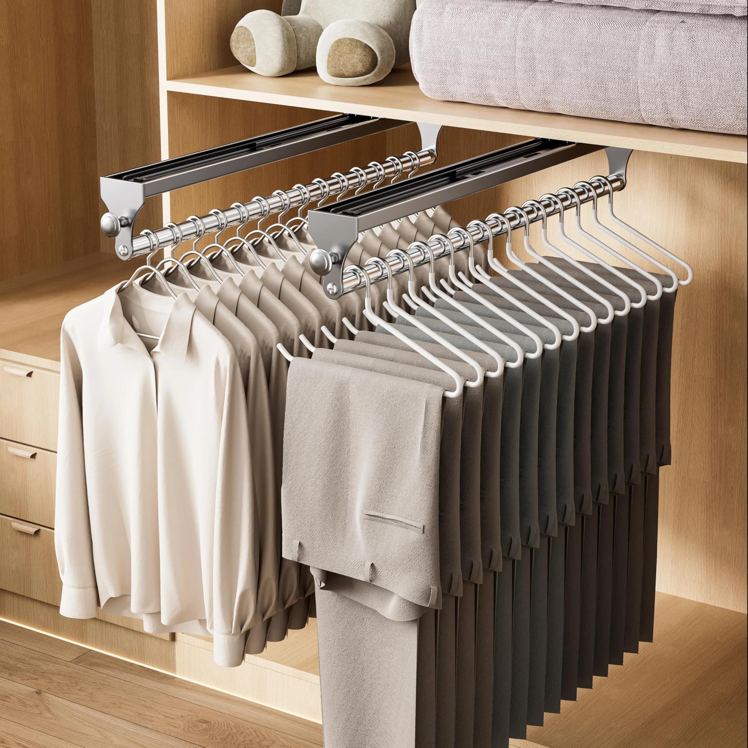 CICUFY Pull Out Closet Rod 40cm (15.7 Inch) 2-Pack | Heavy Duty Space Aluminum Valet Rod for Trousers Coats Gray