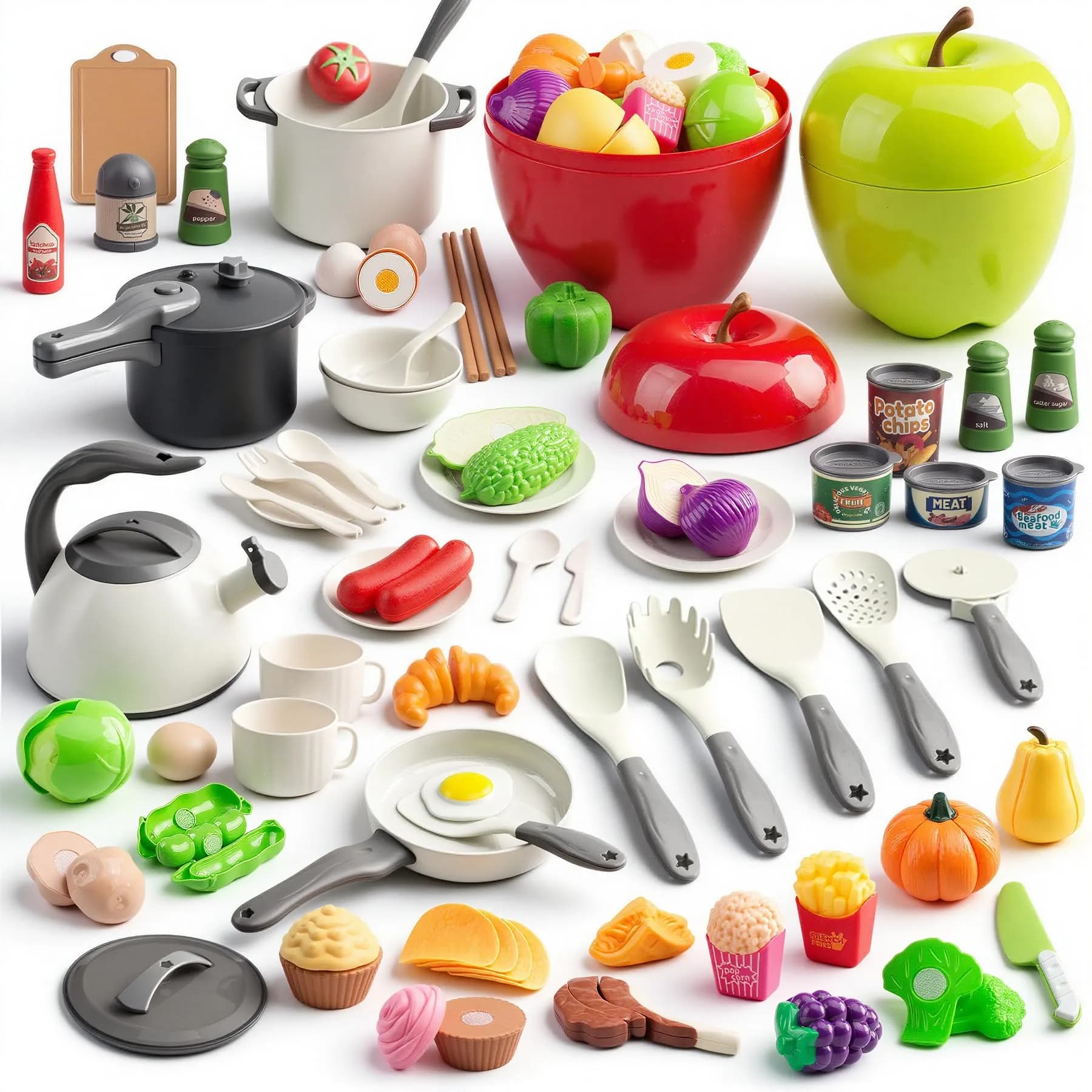Funpynani 100-Piece Kitchen Playset with Apple Storage | Realistic Pretend Cooking Toy for Toddlers (White)