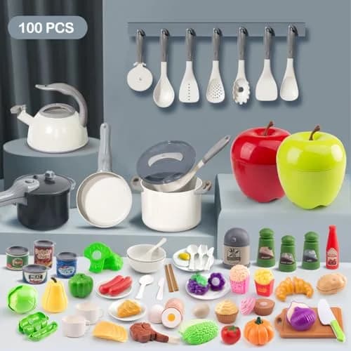Funpynani 100-Piece Kitchen Playset with Apple Storage | Realistic Pretend Cooking Toy for Toddlers (White) thumbnail 2
