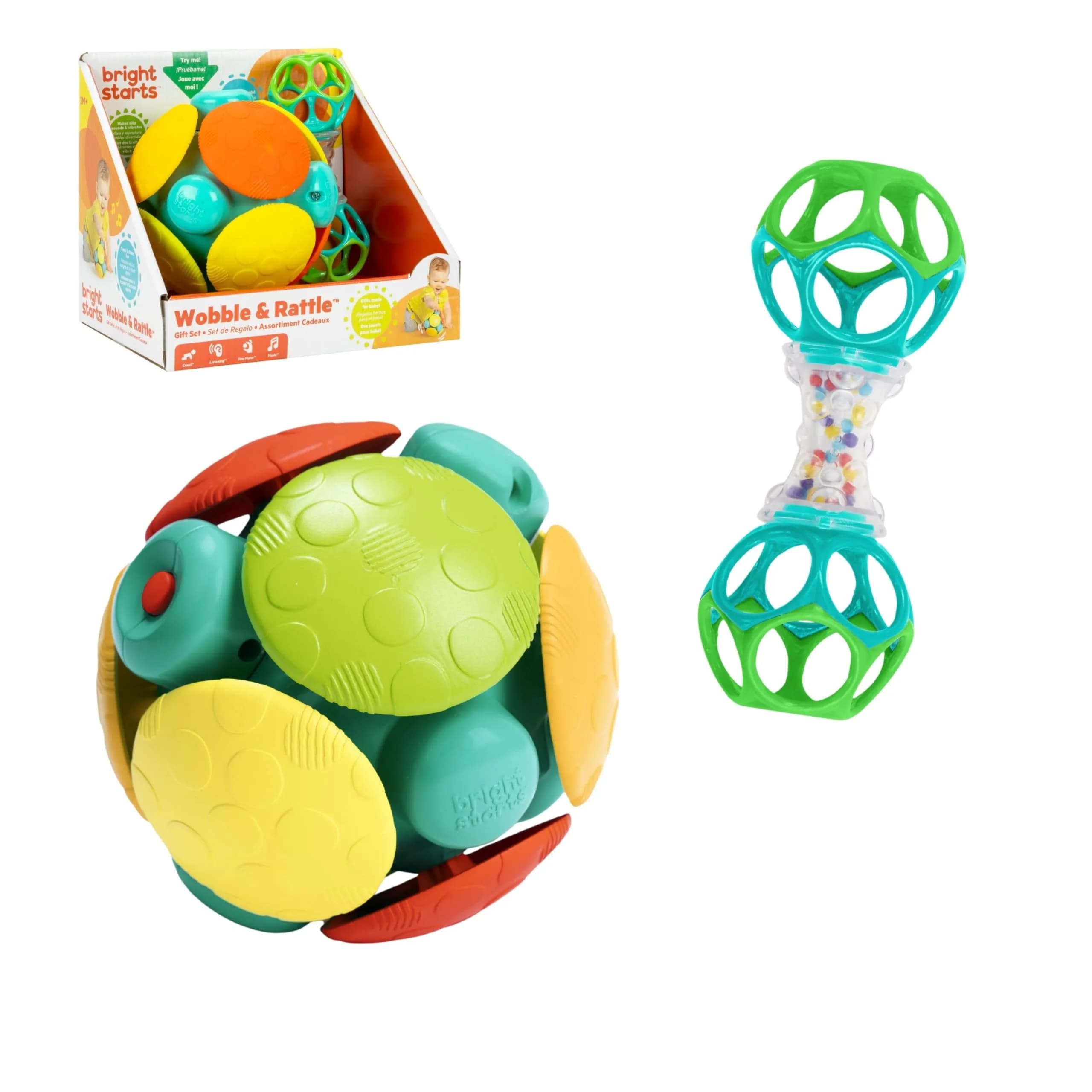 Bright Starts Wobble & Rattle Gift Set 2-Pack Baby Toys | BPA-Free, Hypoallergenic, Soft Cotton, Natural Ingredients