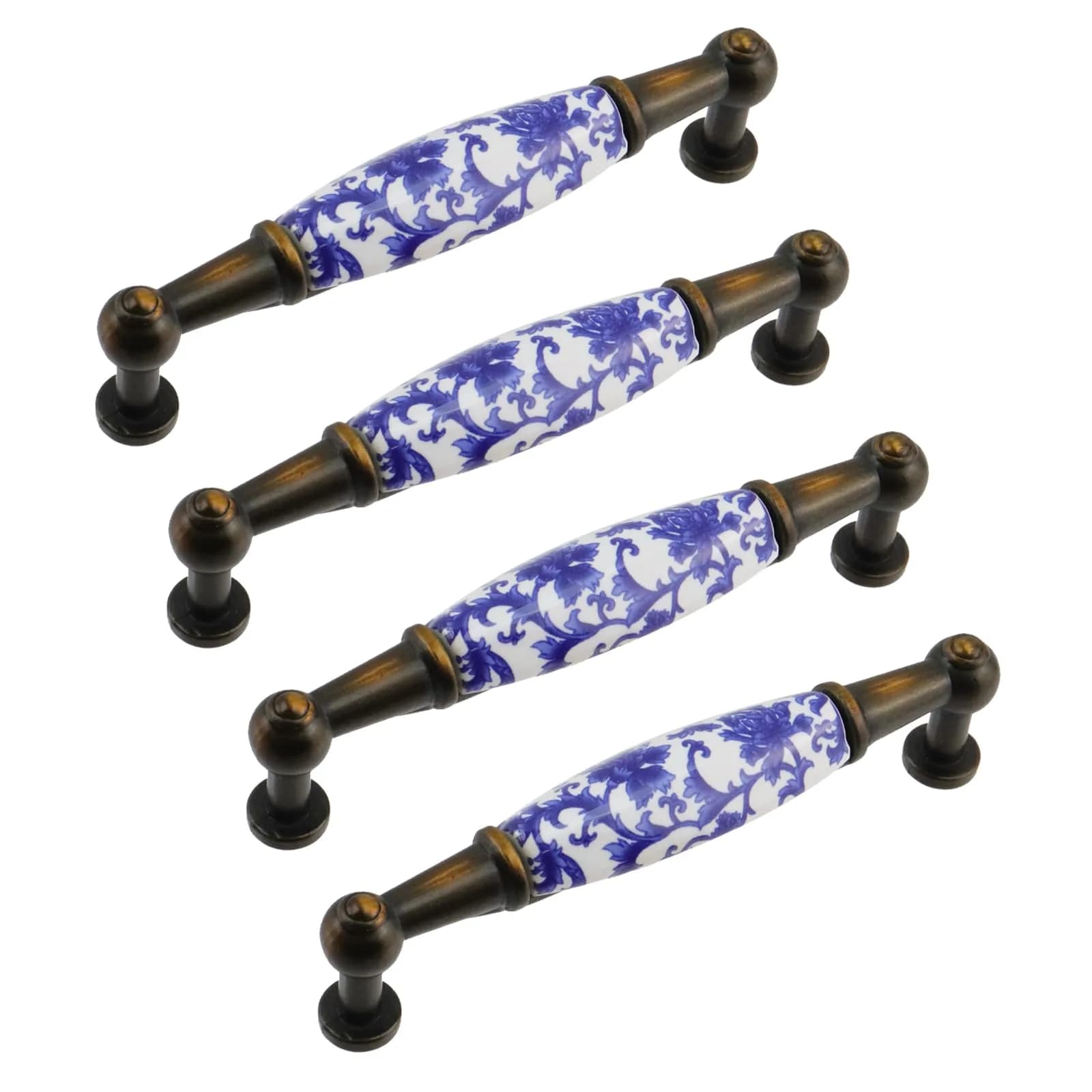 Mcredy Ceramic Cabinet Drawer Pulls 76mm (3") Hole Distance | Blue White Porcelain Chinoiserie Style, Pack of 4 — Type-3