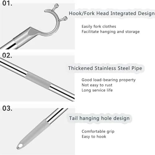 asunflower Extendable Clothes Pole Hook Gray 98cm-160cm (38.6"-63") | Heavy Duty Stainless Steel Reacher for Closets & Shelves thumbnail 4