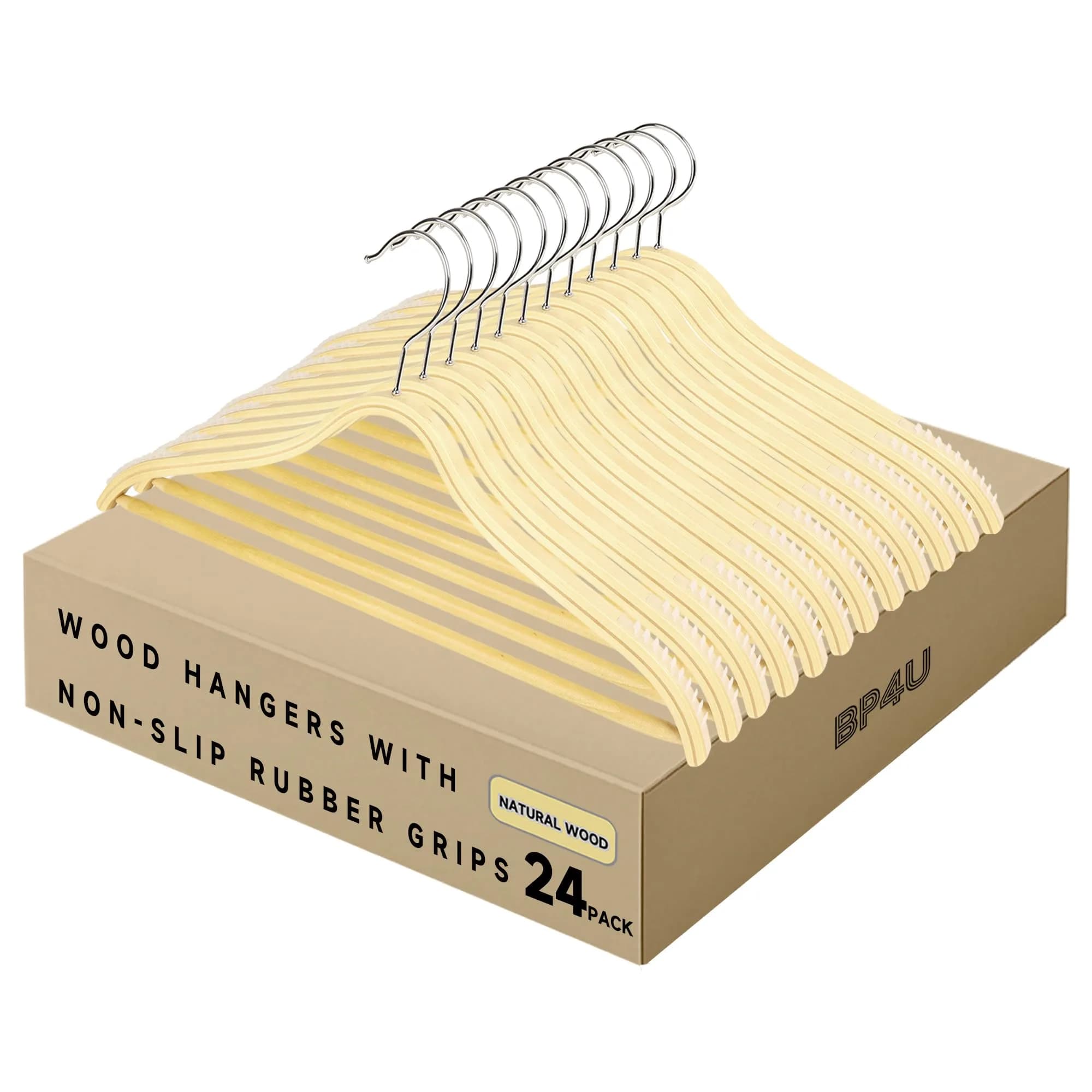BP4U Slim Birch Wood Hangers with Non-Slip Rubber Strips 12-Pack | Space-Saving & Heavy Load Support — Natural Wood