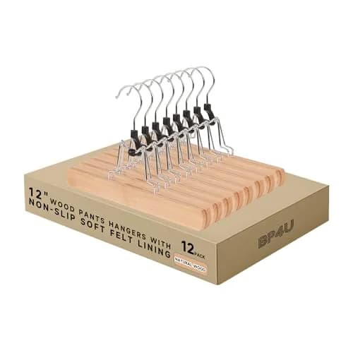 BP4U Wooden Non Slip Pants Hangers with Soft Felt Lining 12" | Space-Saving, Durable & Gentle on Fabrics thumbnail 1