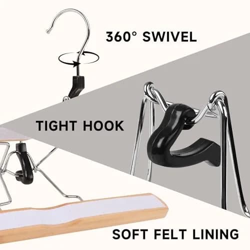 BP4U Wooden Non Slip Pants Hangers with Soft Felt Lining 12" | Space-Saving, Durable & Gentle on Fabrics thumbnail 3
