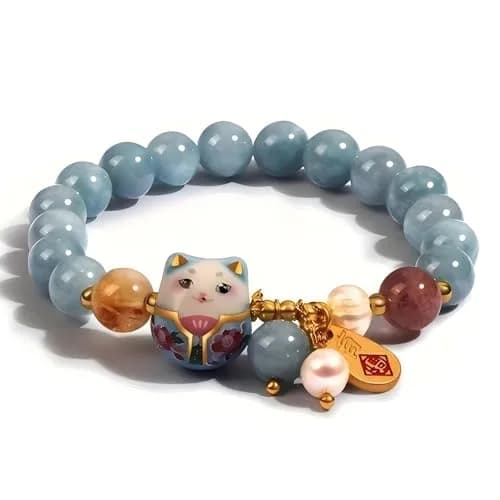 SIXAOAZZ Lucky Cat Bracelet for Women, Feng Shui Wealth Protection Bracelet with Blue Crystal & Ceramic Cat Charm, Adjustable Maneki Neko Good Luck Jewelry Gift thumbnail 1