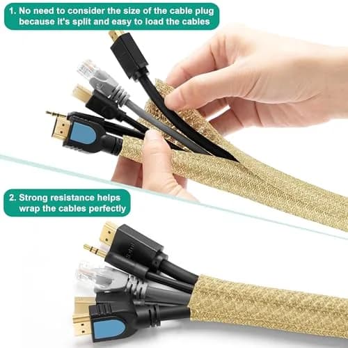 ZhiYo Gold Cable Sleeve 1.27 cm (1/2 inch) | Braided Wire Protector for Desk PC TV Computer thumbnail 2
