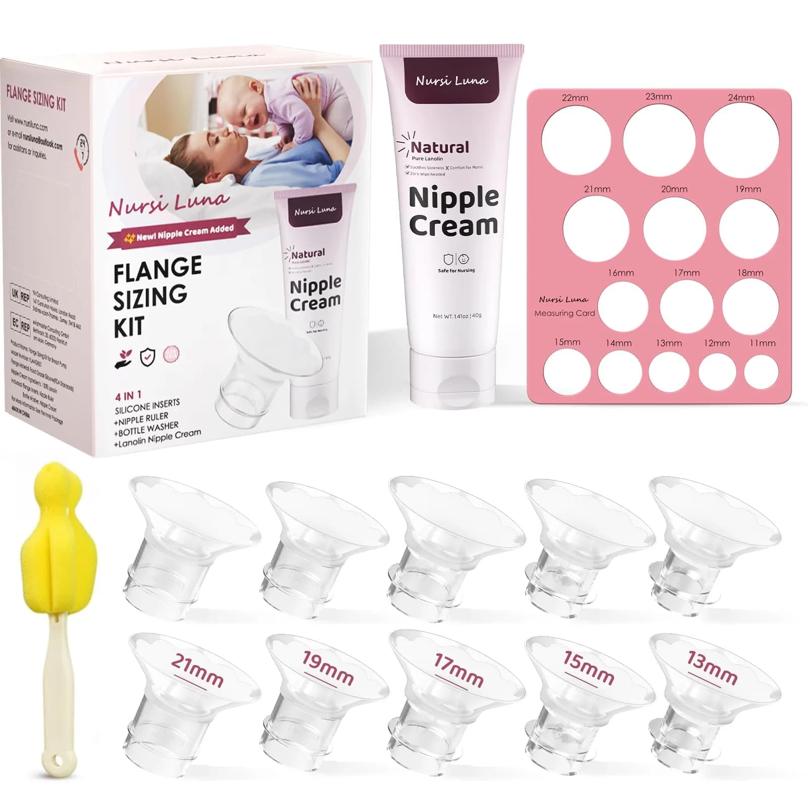 Nursi Luna Flange Sizing Kit for 24mm Breast Pumps, 10PCS | IBCLC-Developed for Better Fit