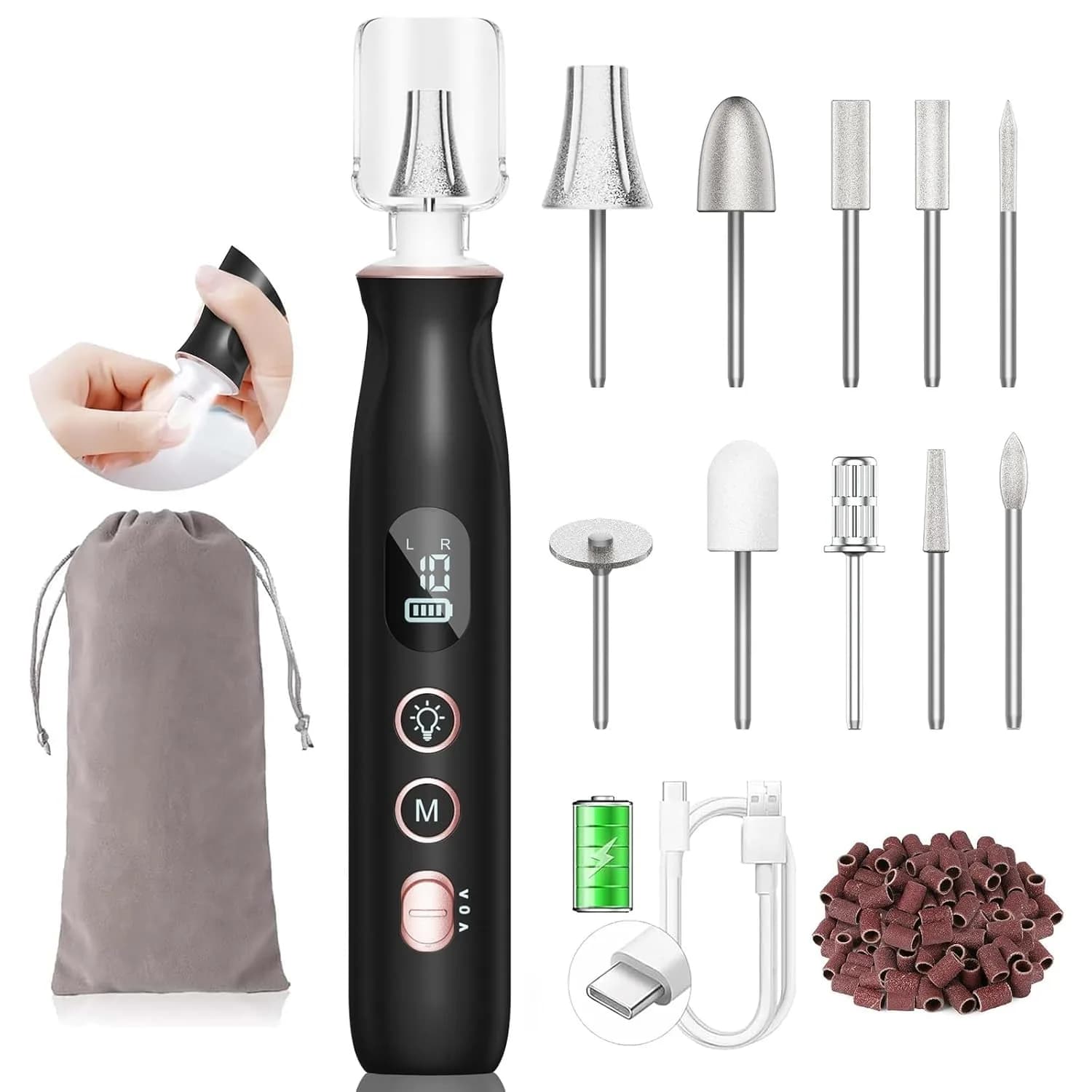 HSKAI Professional Electric Nail File Drill 50-Piece Set | Cordless Rechargeable with LED Display