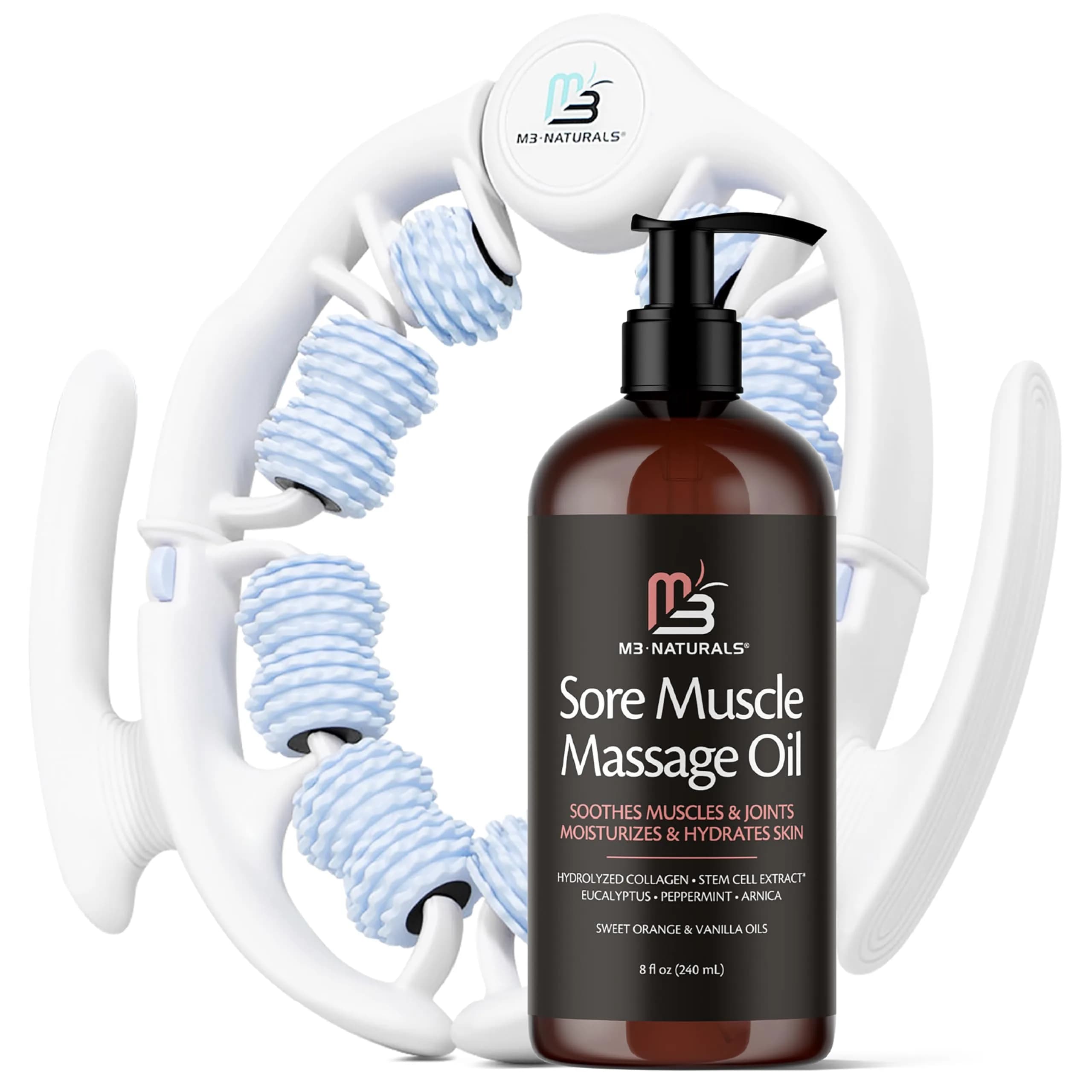 M3 Naturals Sore Muscle Massage Oil & Lymphatic Drainage Massager Kit 240ml (8 fl oz) | Doctor Recommended