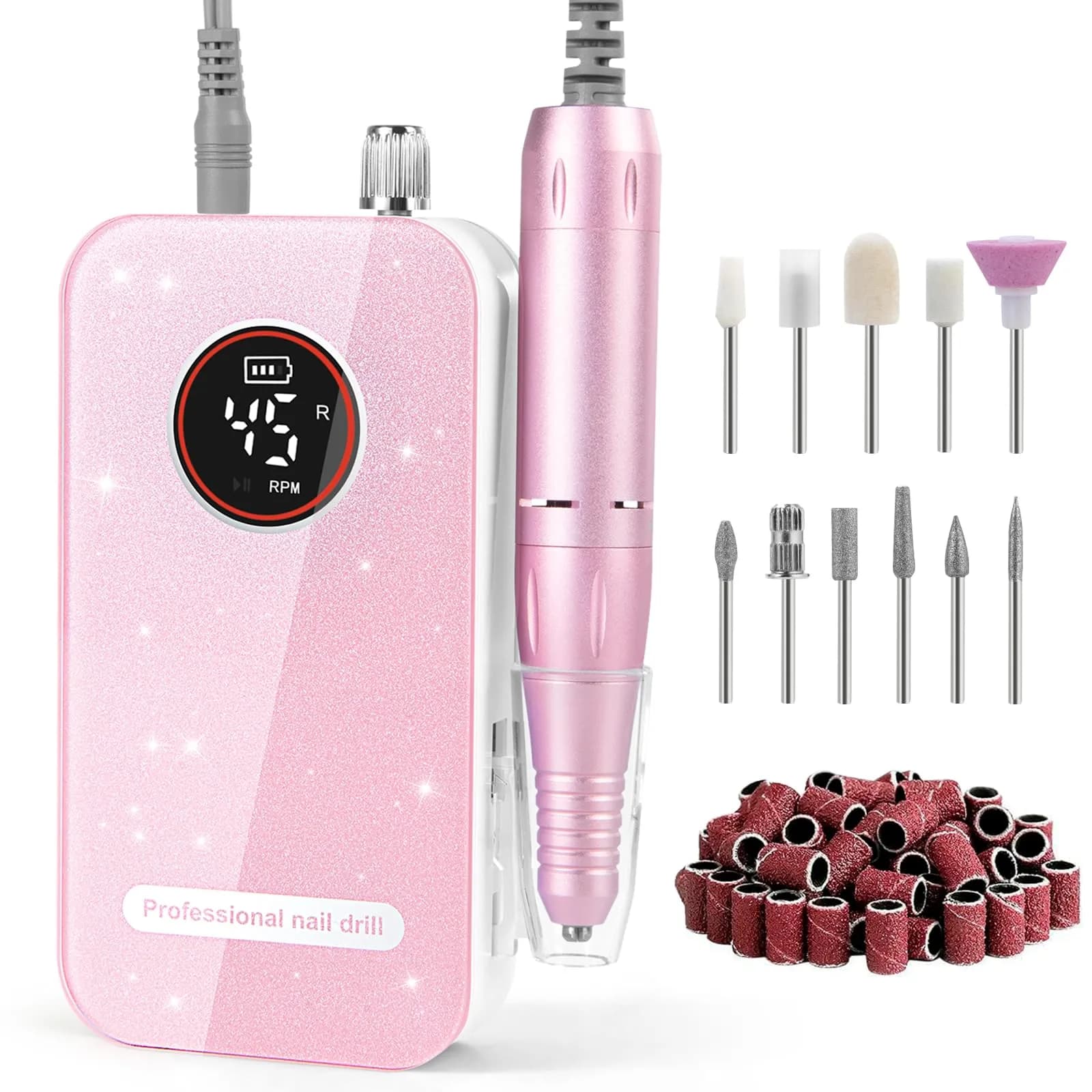 HQMPHQ Pink Professional Nail Drill Electric File 45000RPM | Low Noise & Rechargeable for Acrylic Gel Nails — Pink