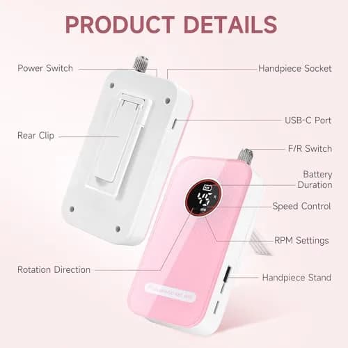 HQMPHQ Pink Professional Nail Drill Electric File 45000RPM | Low Noise & Rechargeable for Acrylic Gel Nails thumbnail 4