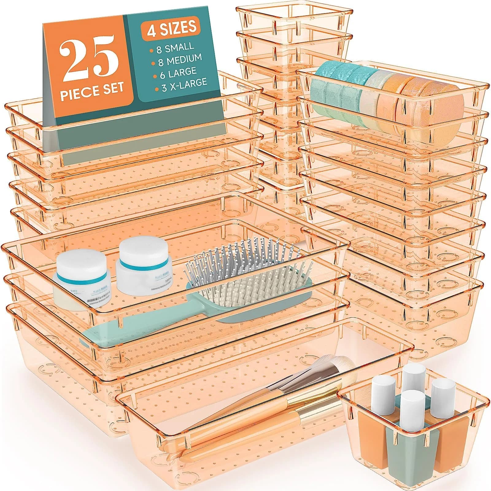 WOWBOX 25 PCS Plastic Drawer Organizer Set, Black | 4 Sizes for Makeup, Office Supplies, Crafts — Orange