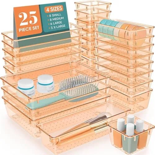 WOWBOX 25 PCS Plastic Drawer Organizer Set, 4 Sizes, Clear Orange | Versatile Home & Office Storage Bins thumbnail 1
