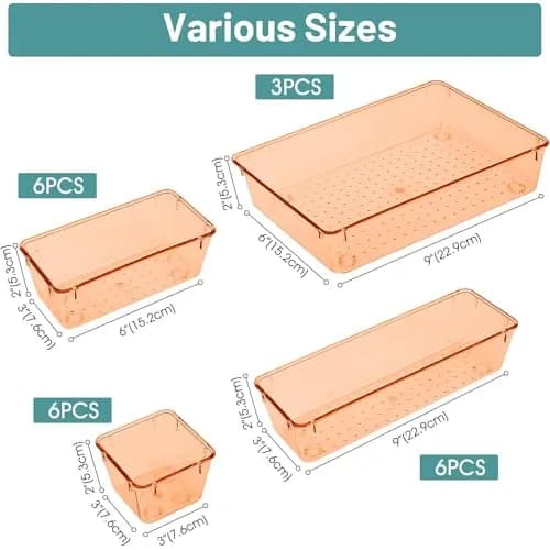 WOWBOX 25 PCS Plastic Drawer Organizer Set, 4 Sizes, Clear Orange | Versatile Home & Office Storage Bins thumbnail 2