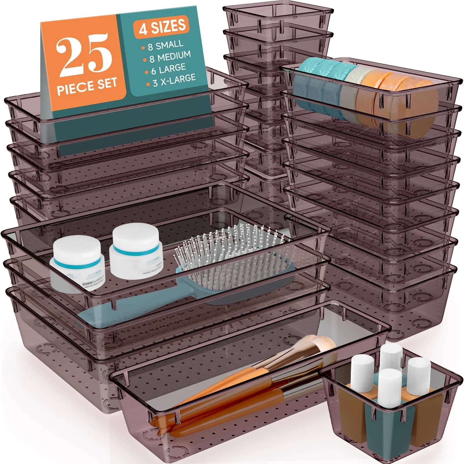 WOWBOX 25 PCS Plastic Drawer Organizer Set, Black | 4 Sizes for Makeup, Office Supplies, Crafts — Brown
