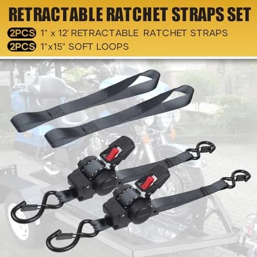 Ayaport Retractable Ratchet Straps 1in x 12ft | Heavy Duty Motorcycle & Cargo Tie Downs thumbnail 8