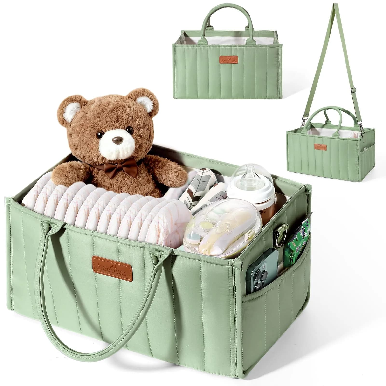 Zooawa Baby Diaper Caddy Organizer, Portable Nursery Storage Basket with Compartments, Handle & Shoulder Strap in Matcha Green - main product image